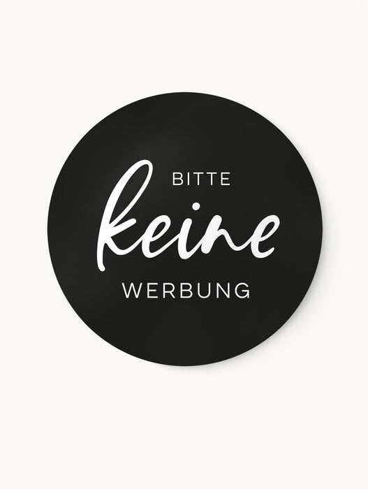 Runder Aufkleber für den Briefkasten mit der Aufschrift Bitte keine Werbung in Schwarz in runder großer Aufkleberform.
