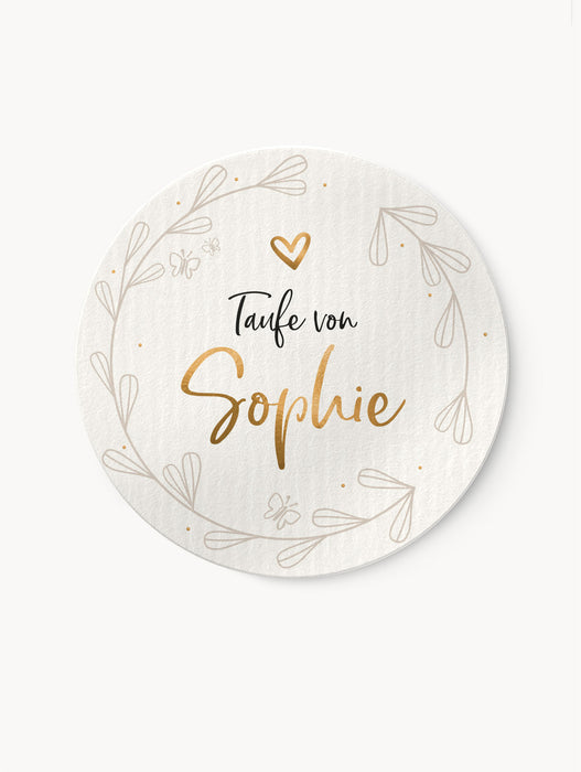 Personalisierte Aufkleber zur Taufe mit Blätterkranz Gold | ⌀ 4cm