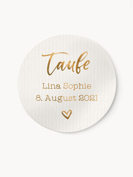 Personalisierte Taufaufkleber in Goldoptik mit Herzdesign, rund, 3cm oder 4cm groß