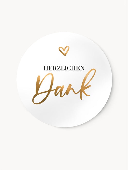 Runder Aufkleber mit goldfarbener und schwarzer Aufschrift ‚Herzlichen Dank‘ und Herzsymbol – in 3 cm oder 4 cm Durchmesser, seidenmatt, wischfest, selbstklebend – ideal für Geschenke, Dankeskarten und DIY-Verpackungen