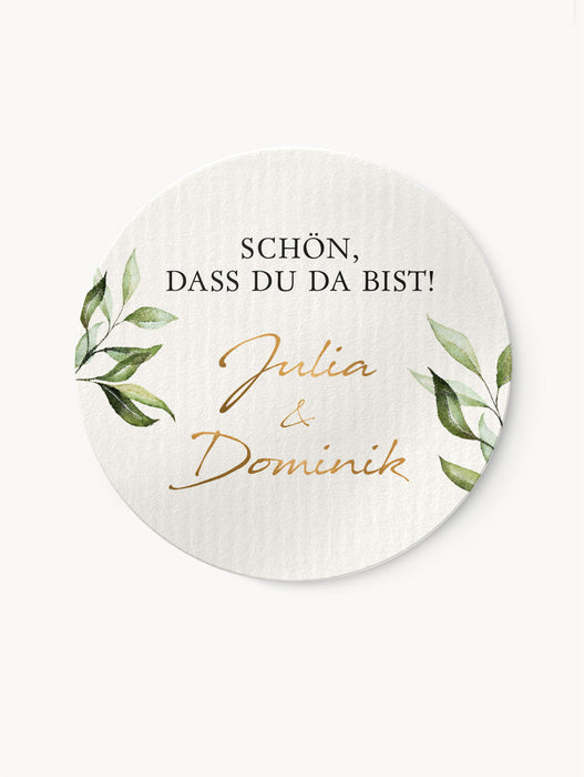 Personalisierte Aufkleber zur Hochzeit Lia "Schön, dass..." Gold | ⌀ 4 cm
