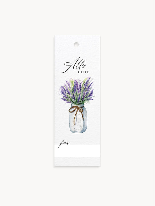 Geschenkanhänger mit Lavendel-Aquarell und Aufschrift „Alles Gute“, mit Lochung, Namenszeile und dezenter Gestaltung für Geburtstagsgeschenke