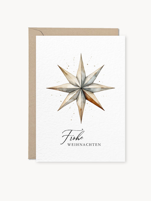 Grußkarte mit beigem Aquarellmotiv eines Weihnachtssterns und der Aufschrift „Frohe Weihnachten“, auf Naturkarton mit Kraftpapier-Umschlag, stilvoll und hochwertig