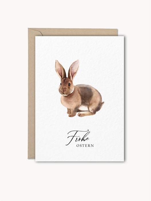 Grußkarte "Frohe Ostern" mit Aquarell-Osterhase, naturweißer Karton, Kraftpapier-Umschlag