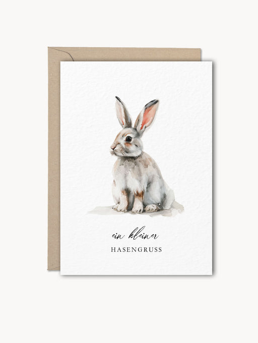 Skandinavisch inspirierte Osterkarte mit Aquarell-Osterhasen, Naturkarton, Kraftpapier-Umschlag – ideal für fröhliche Ostergrüße und Geschenkbeilagen.