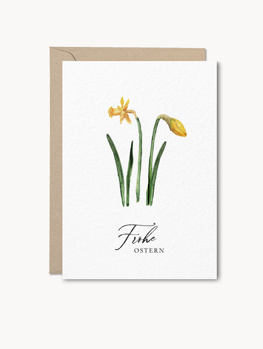 Grußkarte Frohe Ostern mit Aquarell-Osterglocken auf Naturkarton, inklusive Kraftpapierumschlag, frühlingshaftes, nordisches Design mit dem Ostergruß "Frohe Ostern"