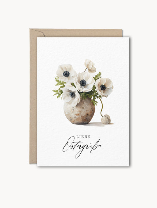 Grußkarte „Liebe Ostergrüße“ mit Anemone im Aquarellstil, Naturkarton, 400 g/m², mit Kraftpapierumschlag – ideal für Ostergrüße, stilvoll und hochwertig