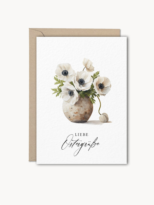 Grußkarte „Liebe Ostergrüße“ mit Anemone im Aquarellstil, Naturkarton, 400 g/m², mit Kraftpapierumschlag – ideal für Ostergrüße, stilvoll und hochwertig