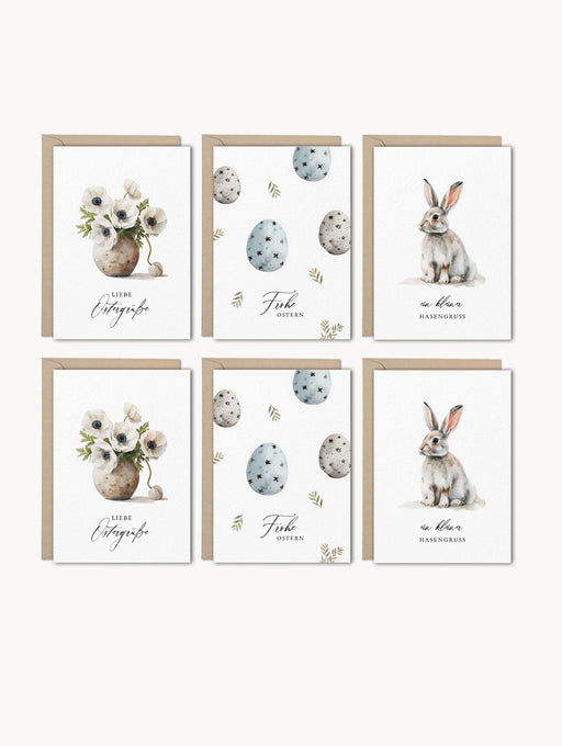 Set aus 6 DIN A6 Osterkarten mit Aquarellmotiven und Kraftpapier-Umschlägen, auf hochwertigem Naturkarton gedruckt.