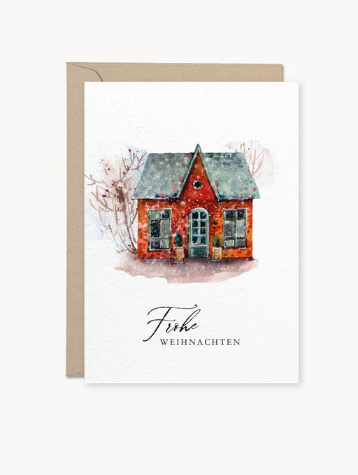 Weihnachtskarte im nordischen Stil mit Aquarell-Rotes Haus aus 400 g/m² Naturkarton, Kraftpapier-Umschlag – perfekt für festliche Grüße.