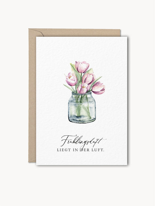 Grußkarte mit Tulpen und Spruch „Frühlingsduft liegt in der Luft“, hochwertiger Naturkarton, inkl. Kraftpapier-Umschlag, frühlingshaftes Design