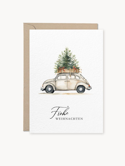 Grußkarte „Frohe Weihnachten“ mit Aquarellmotiv Auto mit Tanne auf dem Dach in Beige-Grün auf Naturkarton, inkl. Kraftpapier-Umschlag