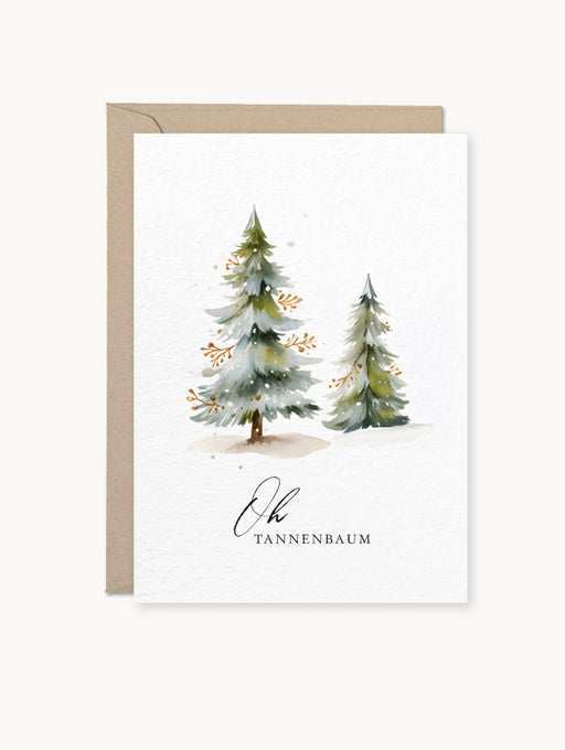Weihnachtskarte mit zwei grünen Tannen und dem Schriftzug „Oh Tannenbaum“, mit braunem Umschlag