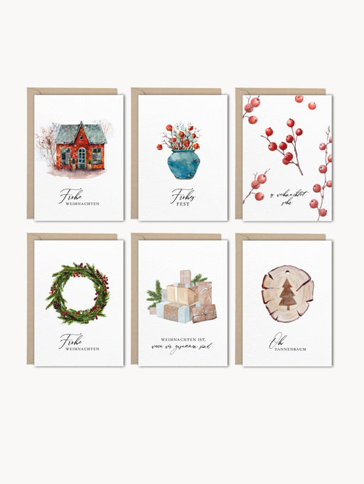Weihnachtskarten-Set mit 6 Aquarellmotiven im nordischen Stil auf Naturkarton mit Kraftpapier-Umschlägen