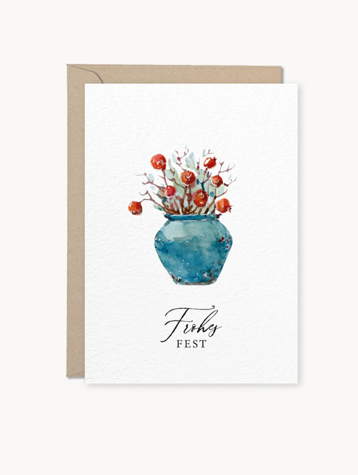 Weihnachtskarte mit Aquarellmotiv eines Winterstraußes in Blau und Rot, Aufschrift „Frohes Fest“, auf Naturkarton mit Kraftpapier-Umschlag, DIN A6