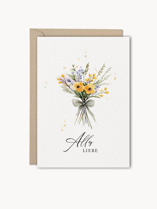 Grußkarte „Alles Liebe“ mit Aquarell-Blumenstrauß auf Naturkarton, DIN A6 mit Kraftpapierumschlag – Karte zum Geburtstag oder liebe Grüße