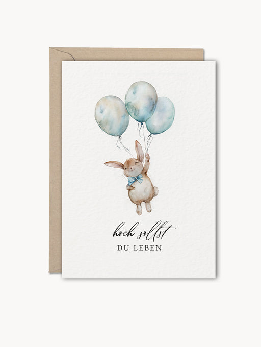 Grußkarte „hoch sollst Du leben“ mit Aquarellmotiv Hase und Ballons, DIN A6, inklusive Kraftpapier-Umschlag – liebevoll für Geburtstagsgrüße gestaltet