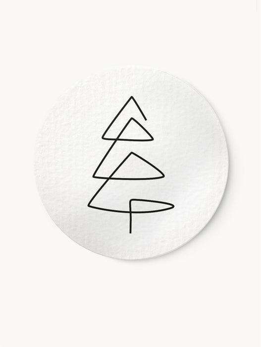 Minimalistischer Tannenbaum-Aufkleber auf strukturiertem Naturpapier, schwarz-weiß, mit einem Durchmesser von 4 cm, selbstklebend und wischfest