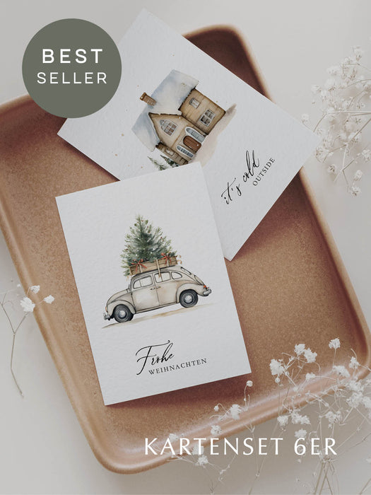 Weihnachtskarten nordischen Aquarellmotiven auf Naturpapier, inkl. Kraftpapier-Umschläge
