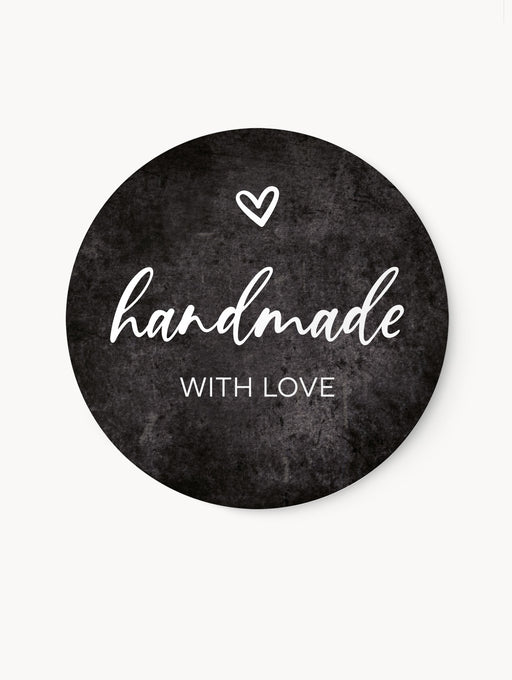 Rundes Aufkleber-Set ‚Handmade with love‘ in Graumeliert mit weißer Schrift und Herz – seidenmatt, selbstklebend, ideal zum Verpacken handgemachter Produkte, DIY-Geschenke oder Versandboxen