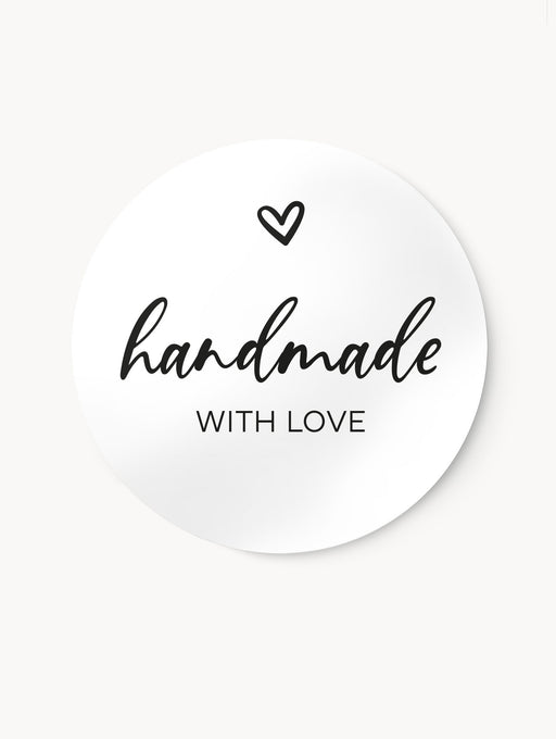 Rundes Aufkleber-Set ‚Handmade with love‘ in Schwarz-Weiß mit Herzmotiv – seidenmatt, selbstklebend, perfekt für kreative DIY-Verpackungen, handgemachte Produkte oder kleine Geschenkboxen