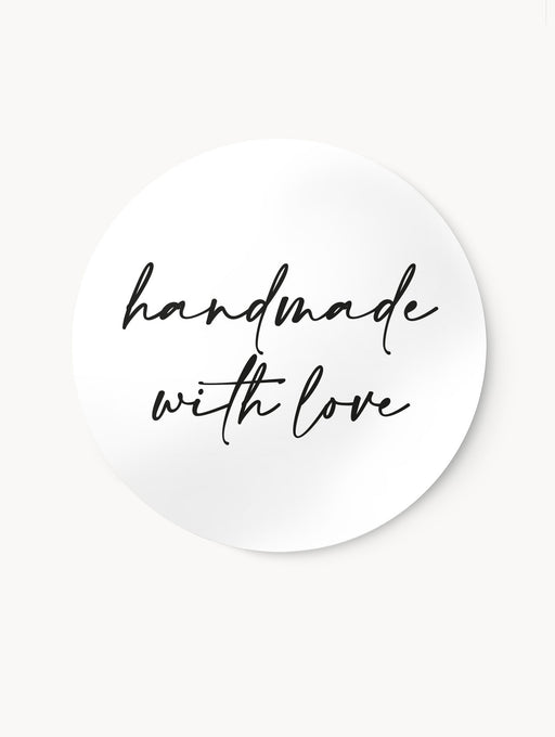 Weißes Aufkleber-Set ‚Handmade with love‘ mit schwarzer Schrift – runde, seidenmatte Etiketten in 3 cm und 4 cm, ideal für DIY-Verpackungen, handgemachte Produkte und Geschenke – selbstklebend und stilvoll