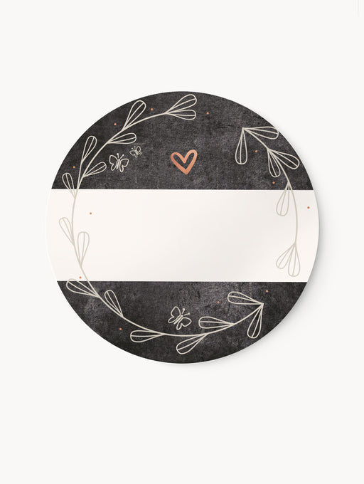 Graumelierte Geschenkaufkleber mit Blätterkranz und Herzmotiv, matte Oberfläche mit Platz für handschriftliche Beschriftung