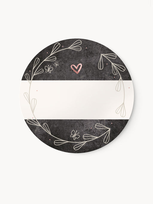 Aufkleber-Set in Graumeliert mit Rosé-Details, Blätterkranz und Herzmotiv, mit Zeile zur Beschriftung für Geschenke oder DIY-Projekte