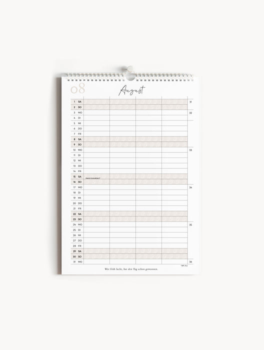 Wandkalender A4 - Inhaltsansicht August 2026 aus beschreibbarem, stabilen Naturpapier.