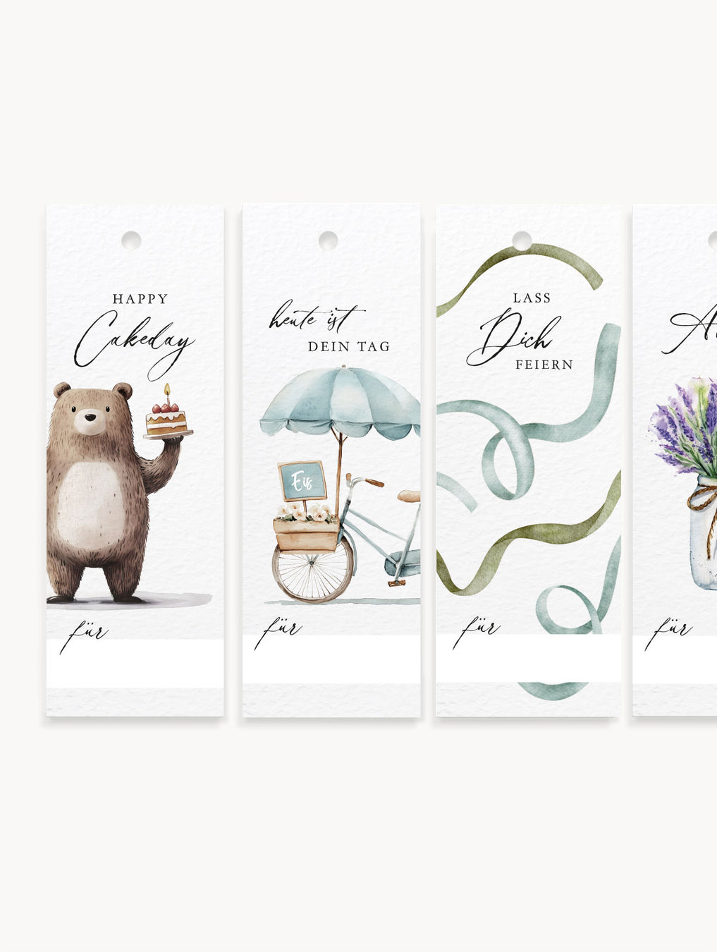 Mix-Set aus vier Geschenkanhänger-Motiven mit Aufschriften wie „Alles Gute“, „Happy Cakeday“ & weitere – perfekt für die stilvolle Geschenkverpackung für Geburtstagsgeschenke