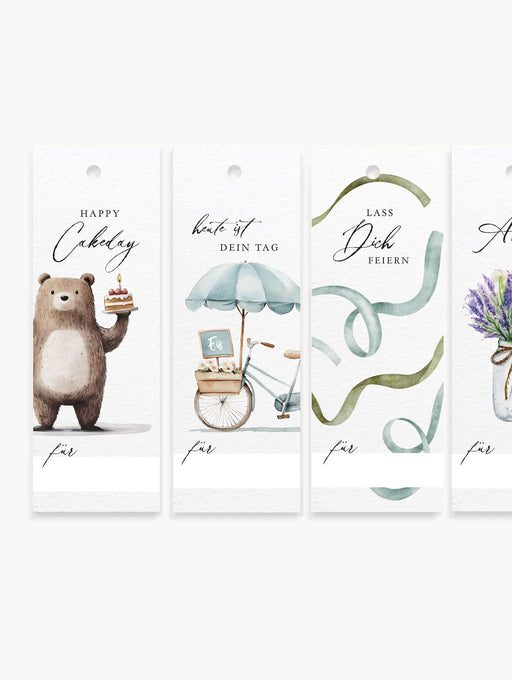 Mix-Set aus vier Geschenkanhänger-Motiven mit Aufschriften wie „Alles Gute“, „Happy Cakeday“ & weitere – perfekt für die stilvolle Geschenkverpackung für Geburtstagsgeschenke