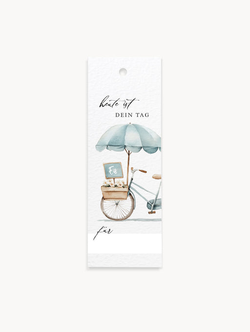 Geschenkanhänger im 8er Set mit Aquarellmotiv eines Eisfahrrads, Aufschrift „Heute ist Dein Tag“, mit Namenszeile und Lochung – ideal für Gebutstagsgeschenke & besondere Anlässe.