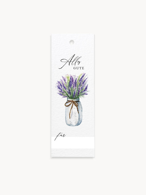 Geschenkanhänger mit Lavendel-Aquarell und Aufschrift „Alles Gute“, mit Lochung, Namenszeile und dezenter Gestaltung für Geburtstagsgeschenke