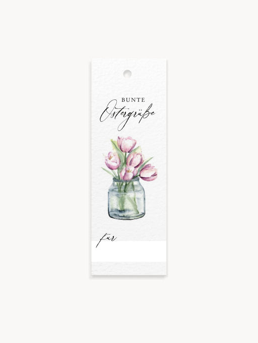 Geschenkanhänger mit Tulpen-Motiv und der Aufschrift "Bunte Ostergrüße mit Lochung zum Anhängen an Geschenken mit Namenszeile im unteren Bereich