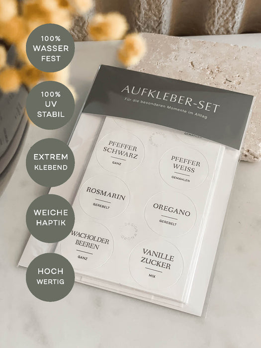 Gewürzetiketten Set 80 Stück Ø3cm – Schwarz-Weiß für Gläser & Dosen — NORDEULE®