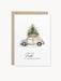 Grußkarte „Frohe Weihnachten“ mit Aquarellmotiv Auto mit Tanne auf dem Dach in Beige-Grün auf Naturkarton, inkl. Kraftpapier-Umschlag