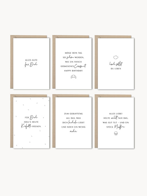 6-teiliges Grußkarten-Set in DIN A6 mit Kraftpapier-Umschlägen – moderne, schwarz-weiße Karten mit verschiedenen Aufschriften für Geburtstage und besondere Anlässe