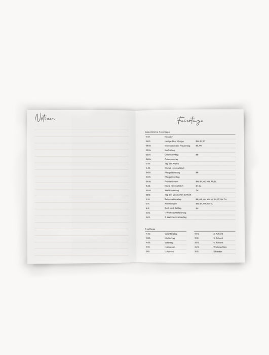 Monatskalender Doppelseite mit Platz für Notizen links und Festtage rechts, übersichtliches Layout, beiges Design, praktische Planungshilfe 2026