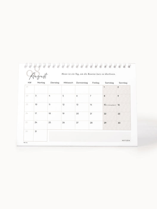 August 2026 Monatsblatt Tischkalender mit Spruch, Platz für Notizen, deutsche Feiertage, kompakter praktischer Planer von NORDEULE
