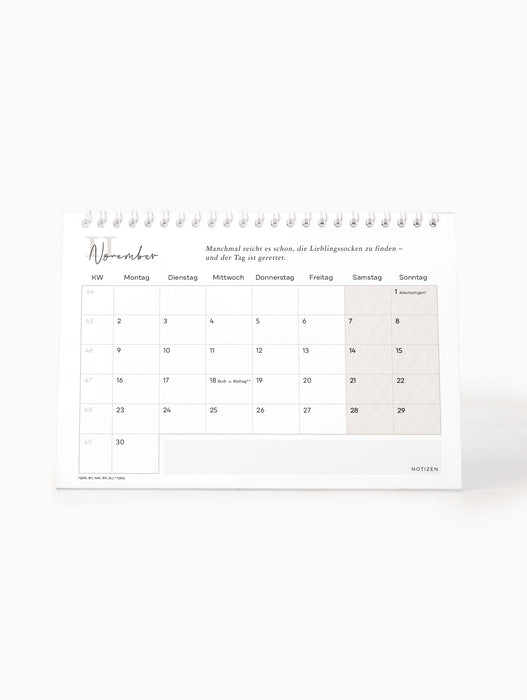 November 2026 Tischkalender-Monatsblatt mit motivierendem Spruch, Notizbereich, deutsche Feiertage, Aufstellkalender für Schreibtisch von NORDEULE