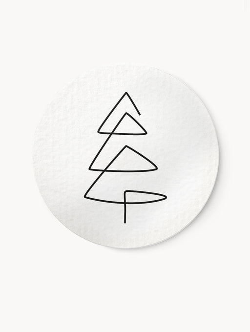 Minimalistischer Tannenbaum-Aufkleber auf strukturiertem Naturpapier, schwarz-weiß, mit einem Durchmesser von 4 cm, selbstklebend und wischfest